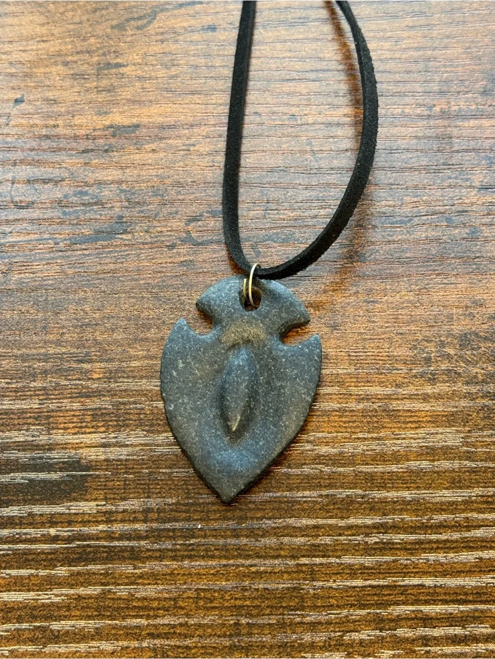 Handmade Dark Gray Granite Stone Arrowhead Pendant on Black Suede Cord